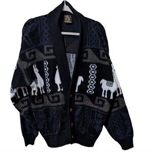 Vintage TEJIDOS RUMIÑAHUI 100% wool cardigan men's oversized alpaca long sleeve